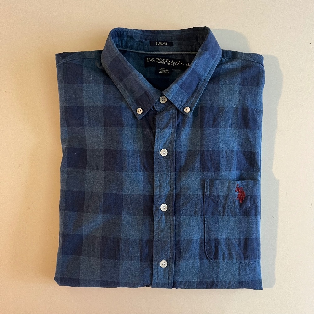 Blue Plaid Gingham U. S. Polo Assn. Slim Fit Long Sleeve Button Down